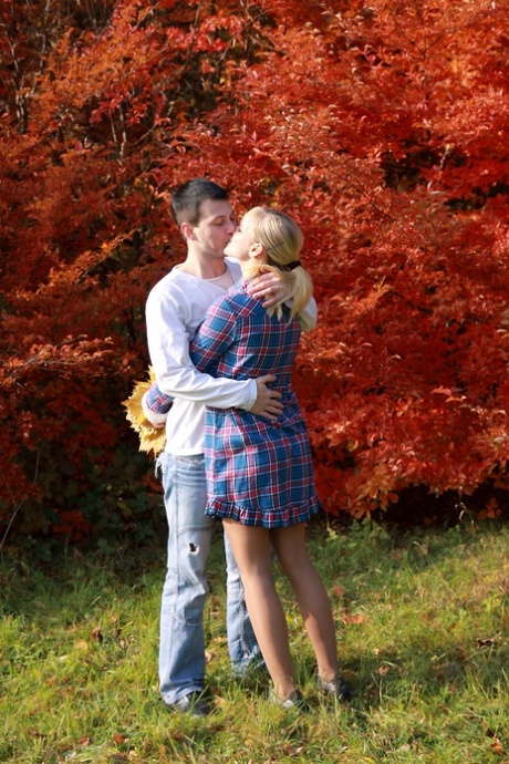 Blonde teen and her boyfriend enjoy an autumn day before sex in a cabin 58864769